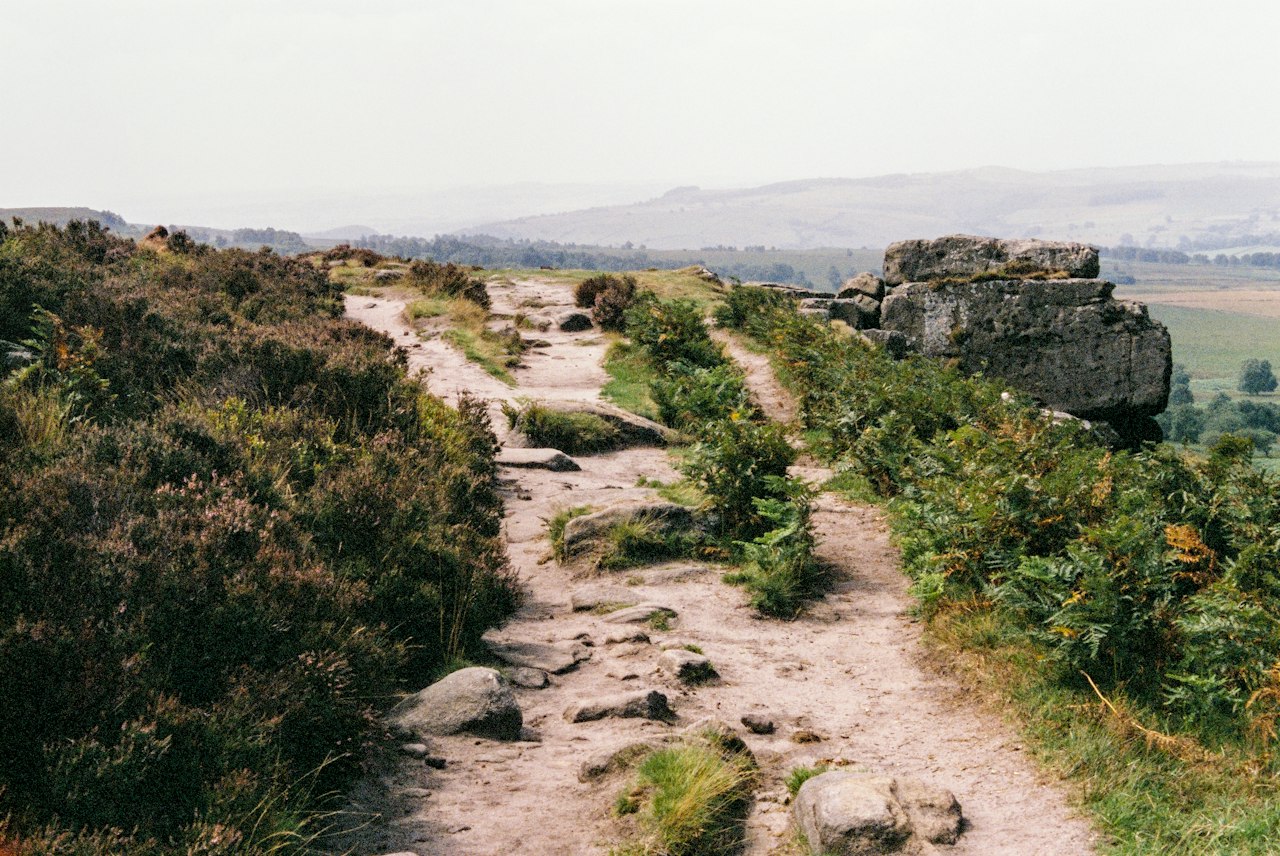 A rocky footpath winding through heather on open moorland